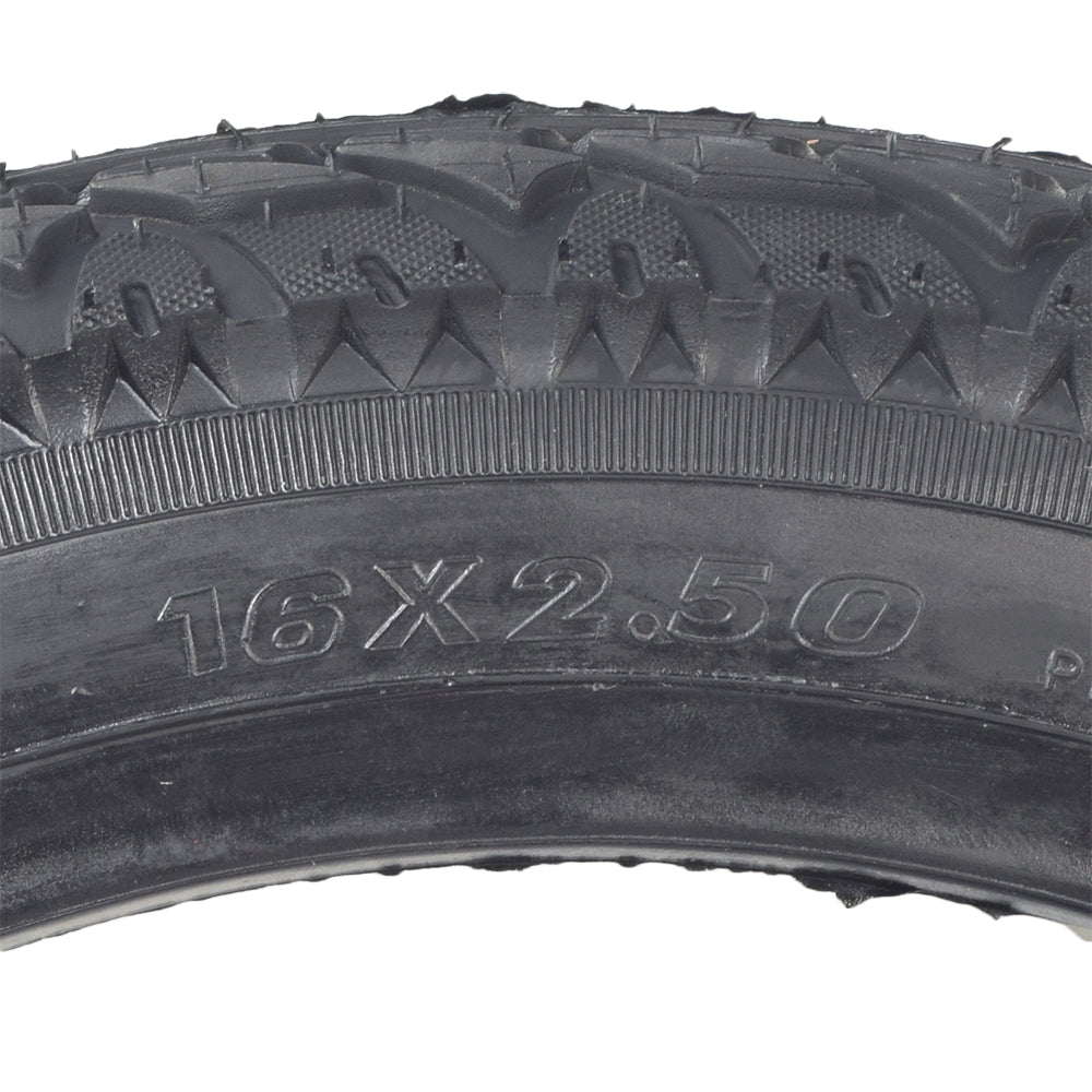 Close-up of the 16x2.50 Tubeless Pneumatic Tire for X-Treme Electric Scooters, showcasing its directional P1095 tread pattern and sidewall arrows indicating the correct spinning direction when mounted.