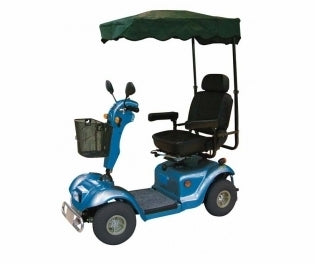 Sun Shade for Scooters & Power Chairs (Blemished) featuring a blue electric scooter with a green canopy and black chair, minor scratches on the metal parts.