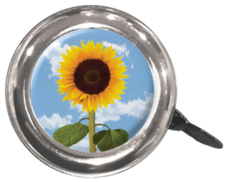 Swell Bell Chrome Bicycle & Scooter Bell featuring a close-up of a sunflower design. The bell showcases a vibrant sunflower, highlighting its detailed petals and central disk.