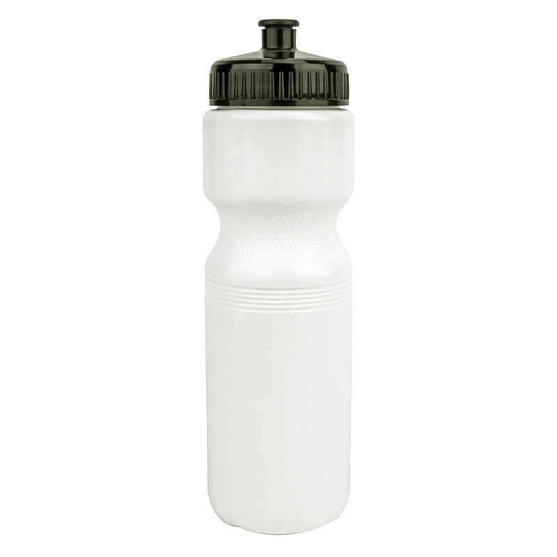 Sunlite Water Bottle in white plastic with a black cap, showcasing a cylindrical design. Ideal for cyclists and hikers, it fits most carrier cages and is biodegradable, BPA-free, and easy to squeeze.