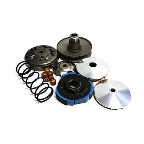 Super Transmission Kit for the Honda PCX, featuring various metal parts including a silver disc with a hole, red tape rolls, and a coil, ideal for upgrading scooter performance.