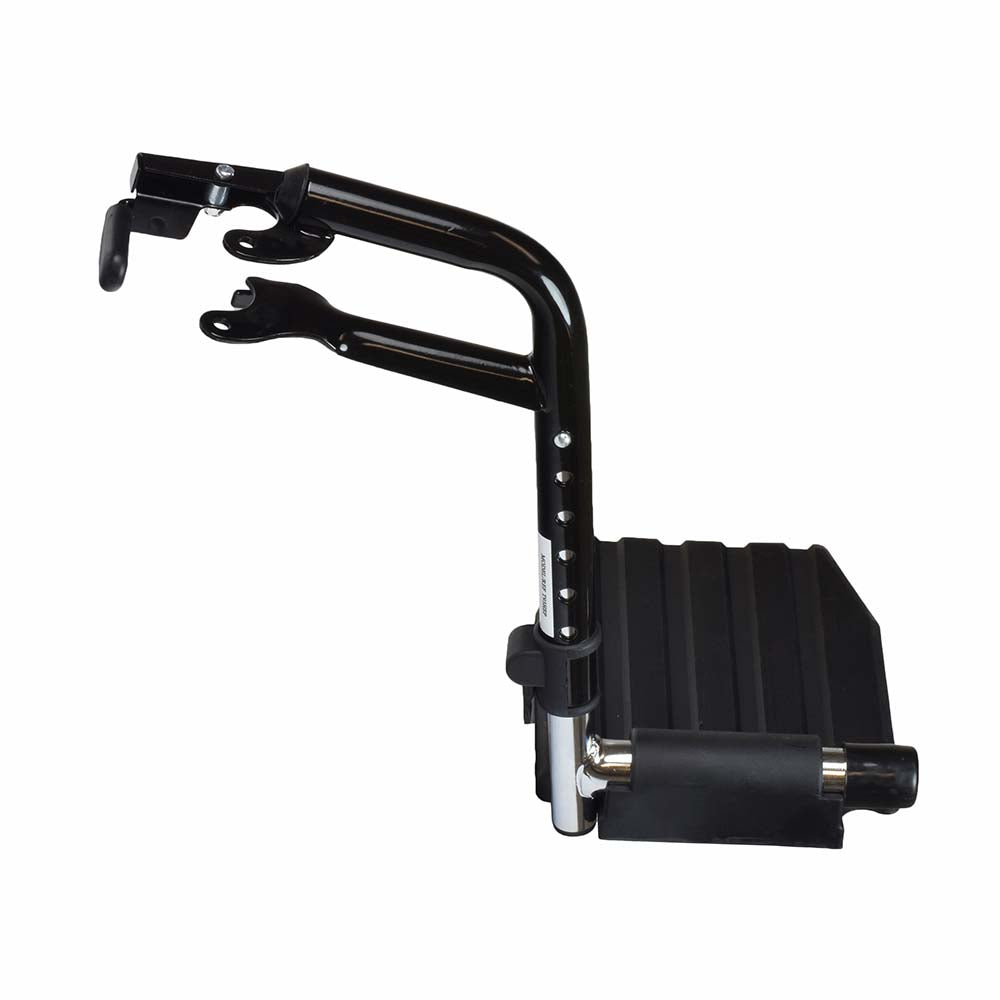 Swing Away Footrests without Heel Loops for the Invacare Tracer and 9000 Series Manual Wheelchairs; black metal with a black handle, offering six length positions and a swing-away feature for easy access.