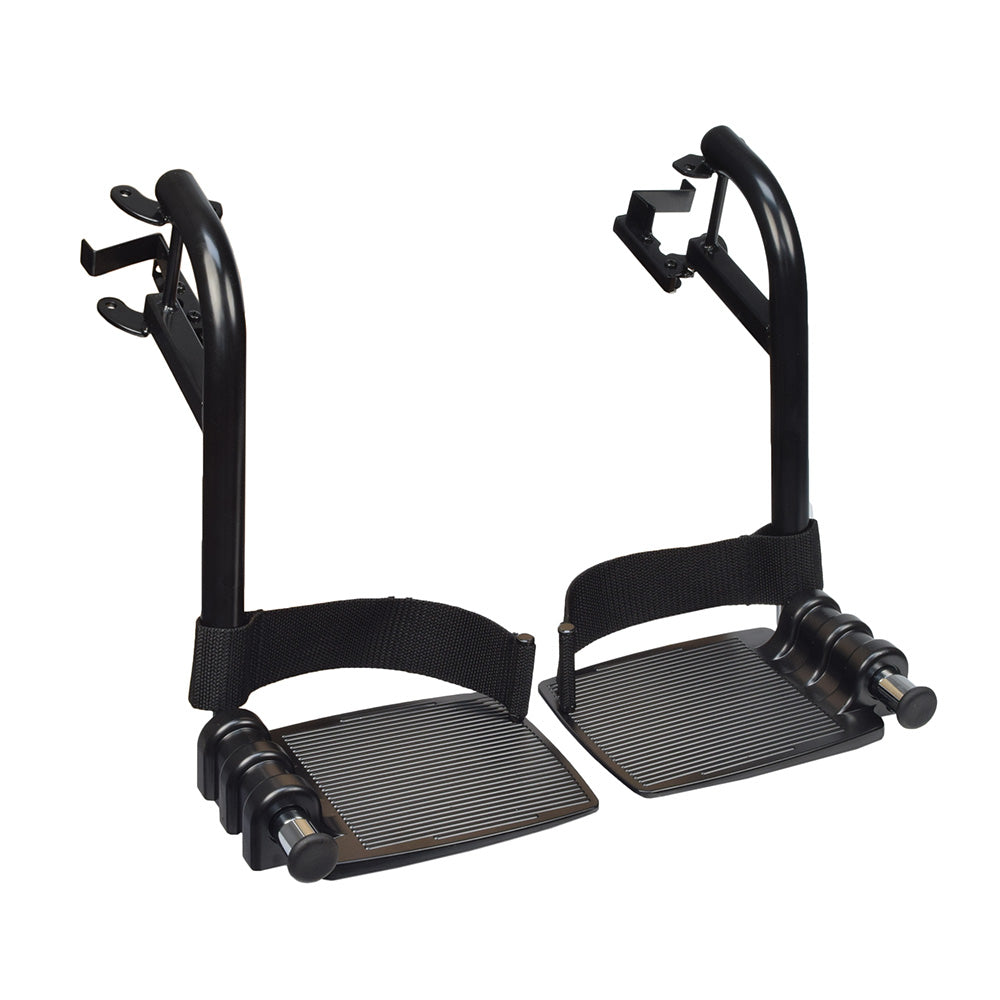 Swing-Away Footrest Assembly for the Golden Technologies Alante (GP201R, GP202R), Compass (GP600M, GP620M, GP605) power chairs, showing black metal foot pedals with straps and hardware included.