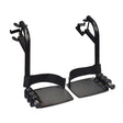 Swing-Away Footrest Assembly for the Golden Technologies Alante (GP201R, GP202R), Compass (GP600M, GP620M, GP605) power chairs, showing black metal foot pedals with straps and hardware included.