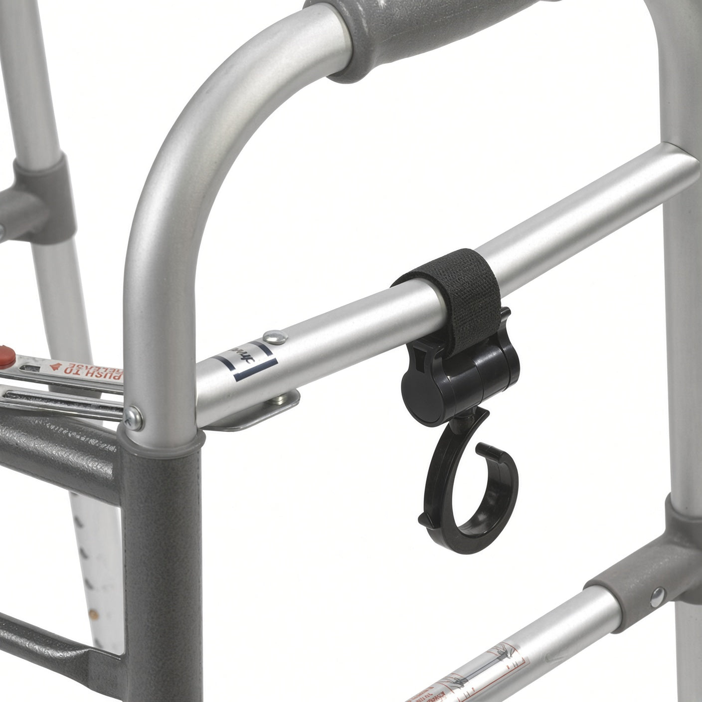 Swivel hook strapped to the crossbar of a folding walker, ready to hang a bag or pouch