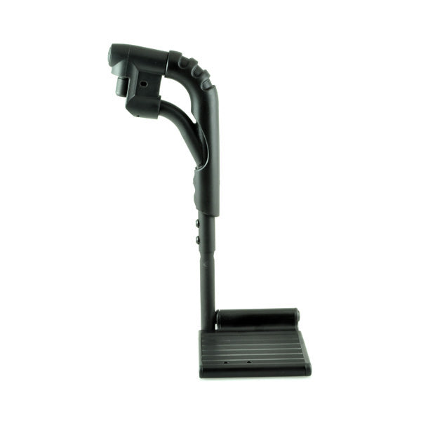 Left Swing-Away Leg Rest Assembly for Jazzy, Jet, and Quantum Power Chairs with the Synergy Seat, featuring a black metal design with a handle and crutch-like appearance, suitable for 80-degree positioning.