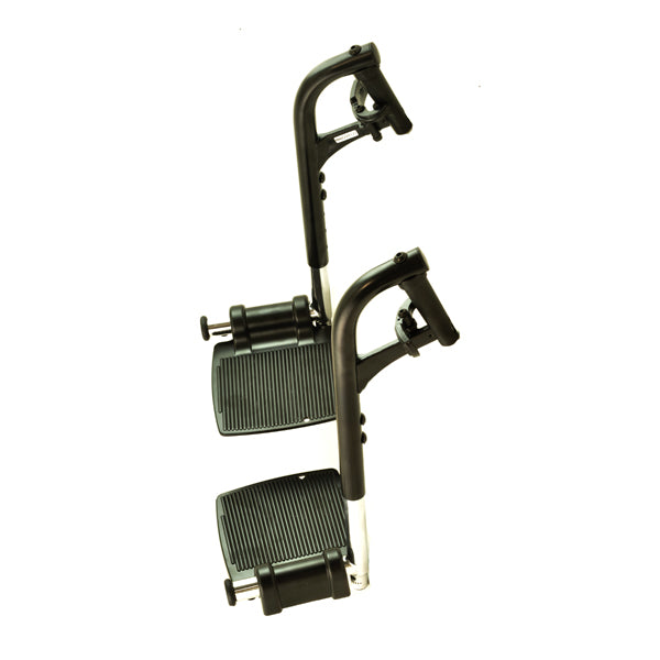 Leg Rest Assembly for Synergy Seat with Quantum Foot Riggings (Set of 2), featuring a black metal object with a handle and close-up of a reinforced pedal and footplate extension.