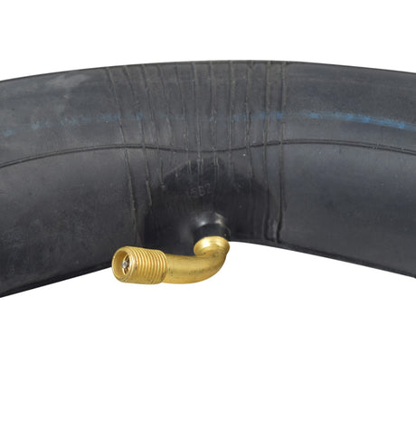 12-1/2x2-1/4 Scooter Inner Tube With 45 Degree Angled Valve Stem, featuring a black rubber tube and a brass angled valve stem, ideal for uniquely shaped rims or frames.