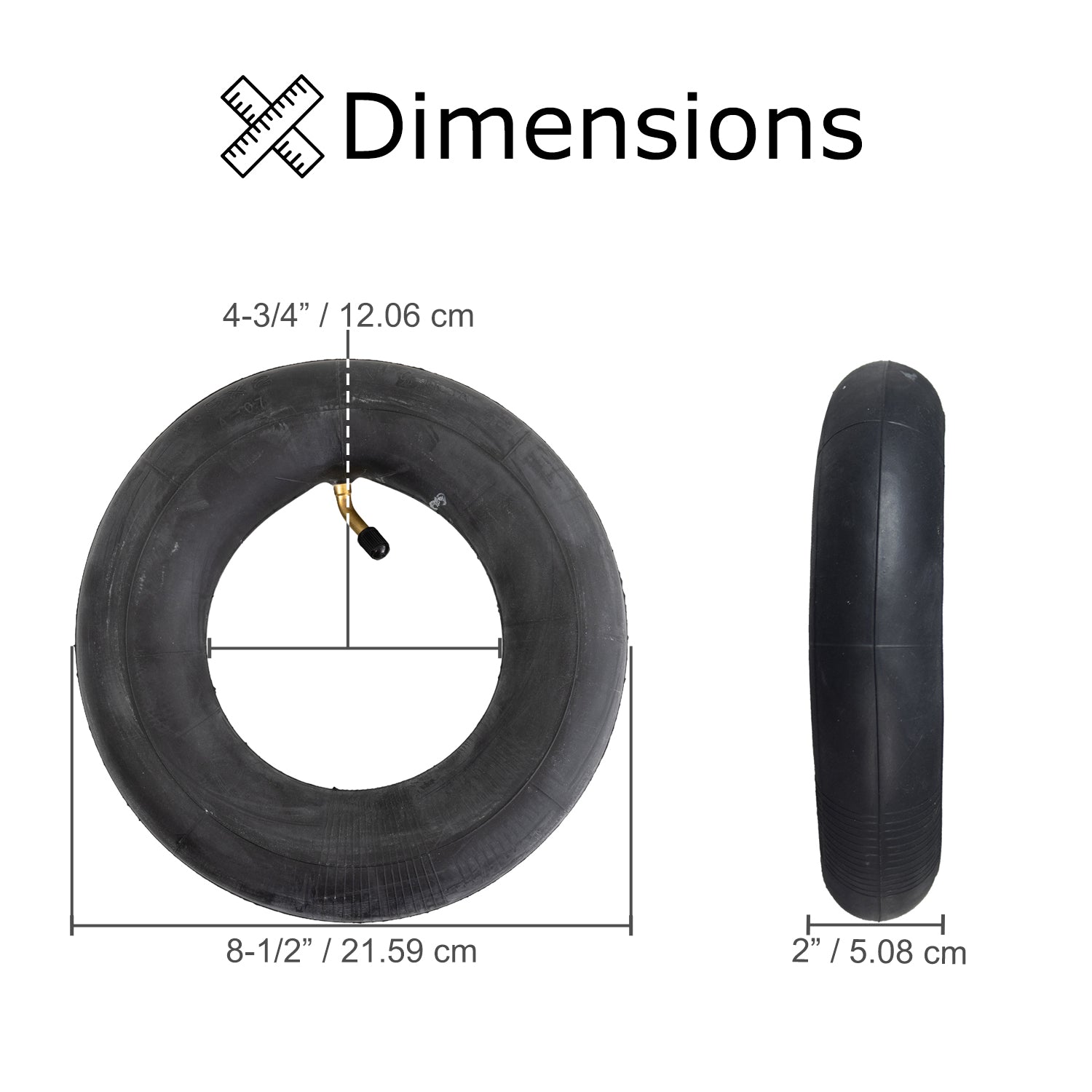 8-1/2x2 (225x48) Scooter Inner Tube with Angled Valve Stem, designed for medium-sized scooters and high-end strollers, showcasing a durable black rubber construction.