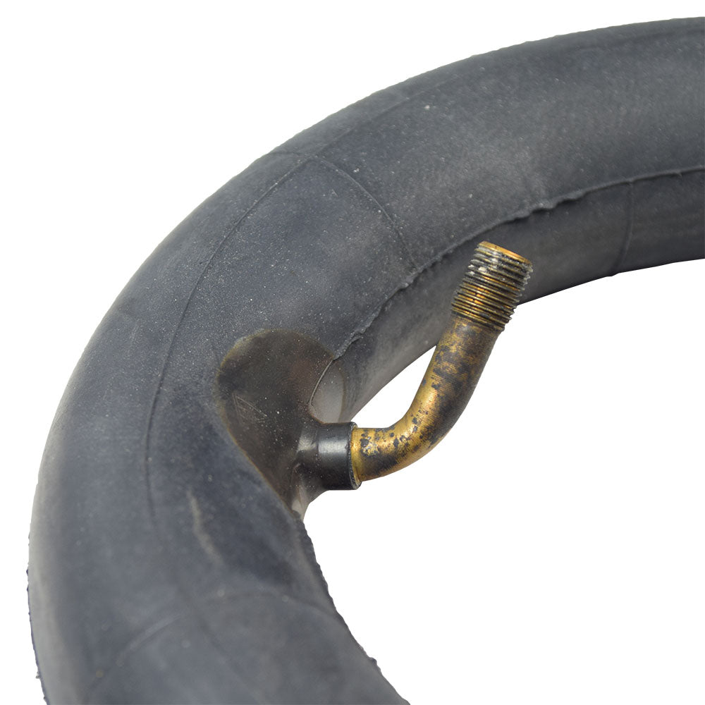 8-1/2x2 (225x48) scooter inner tube with angled brass valve stem, designed for Chinese-made medium-sized scooters and high-end baby strollers. Close-up shows the black rubber tube and brass valve.