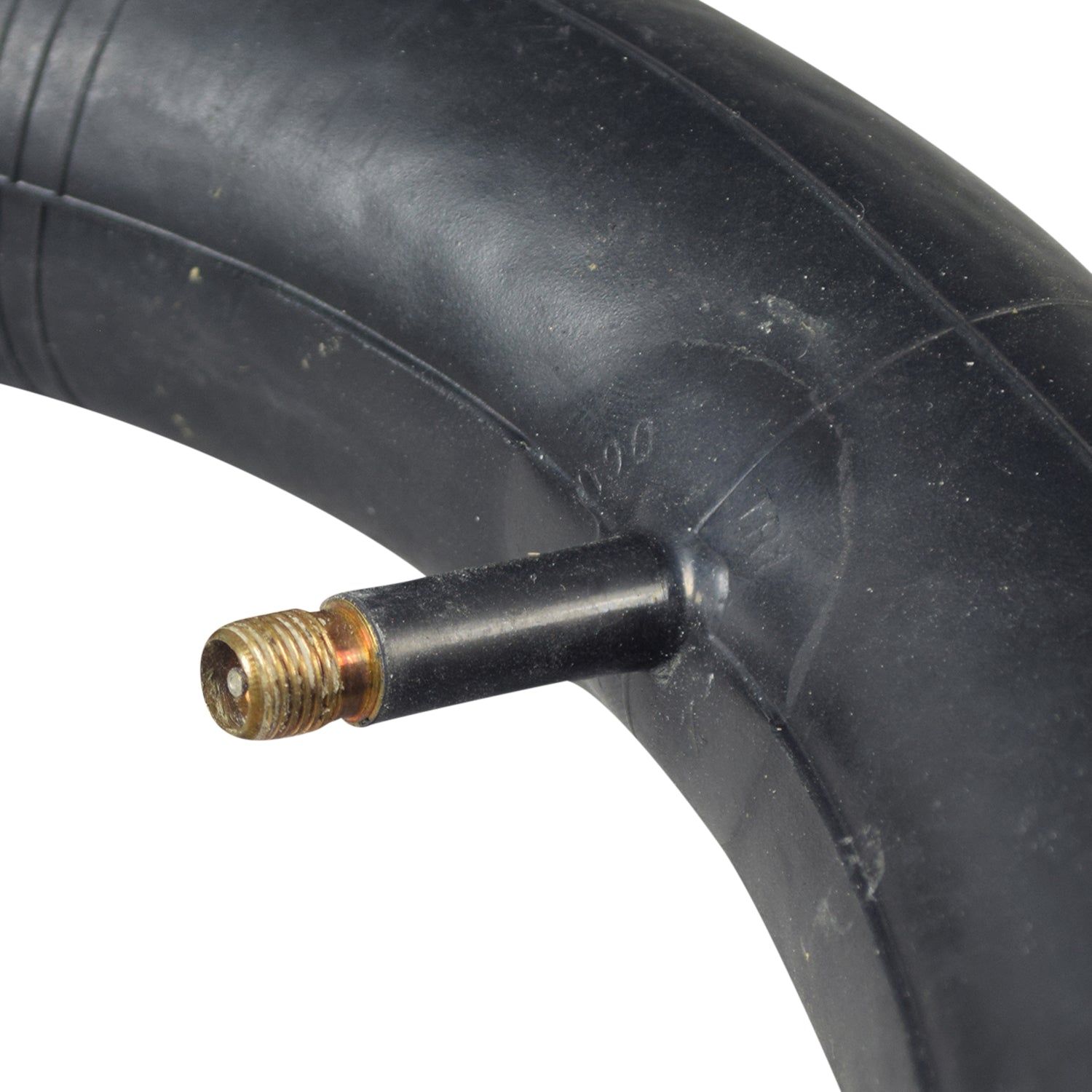 Razor MX400 Dirt Rocket Inner Tube, close-up of black synthetic rubber tube with metal screw, suitable for 12-1/2 x 2.50/2.75 tires, also compatible with many wheelchairs like ABEC and Invacare.