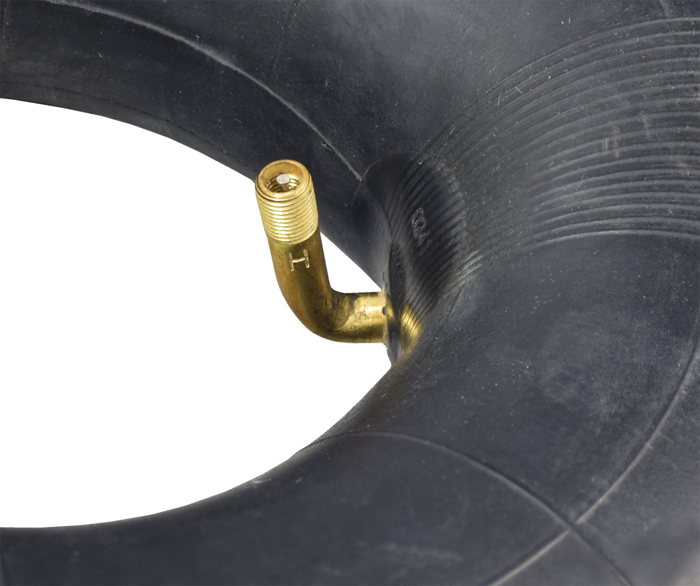 3.00-4 (10x3, 260x85) Scooter and Power Chair Inner Tube with an angled valve stem, shown as a black tire with a gold tube, close-up of brass components visible.