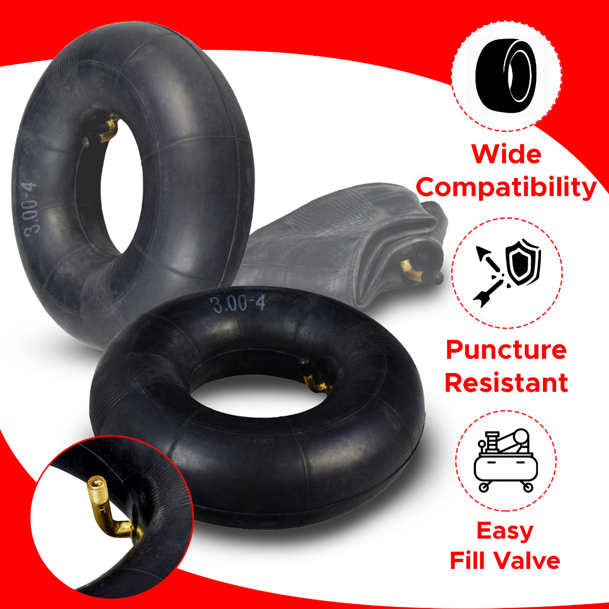 3.00-4 (10x3, 260x85) Scooter and Power Chair Inner Tube with angled brass valve stem, featuring high-quality black rubber construction and a central hole. Ideal for mobility scooters and power chairs.