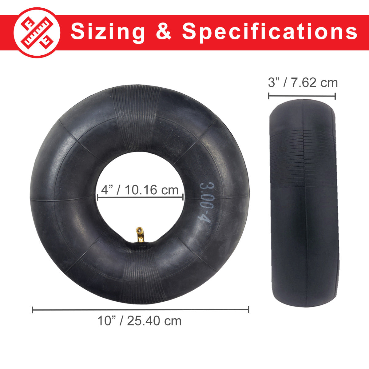 3.00-4 (10x3, 260x85) Scooter and Power Chair Inner Tube with an angled valve stem, designed for mobility scooters and power chairs, shown as a black rubber tube with a yellow needle.