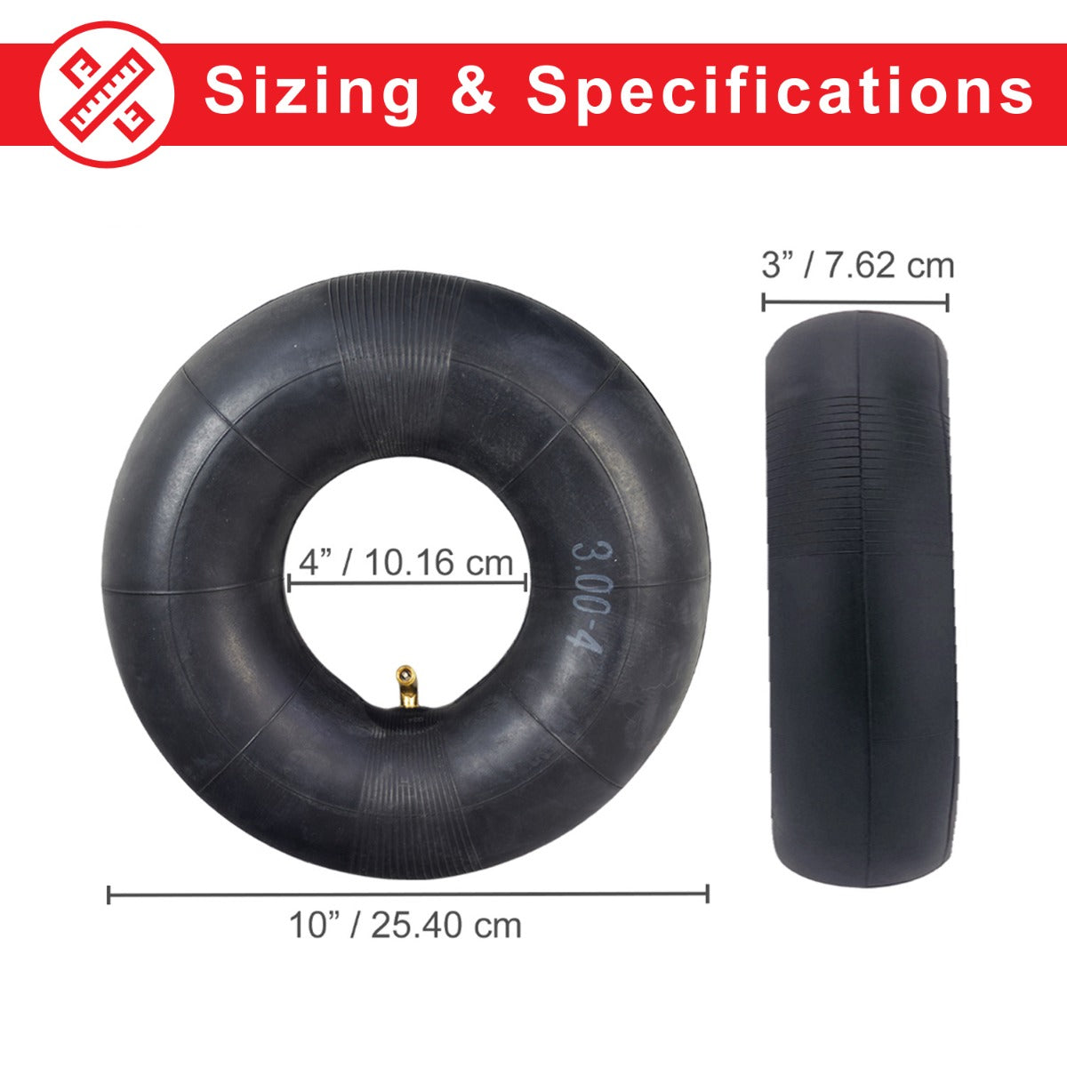 3.00-4 (10x3) Mobility Tire and Inner Tube Set with Knobby Tread, featuring a thick, non-marking gray rubber tire and an inner tube with an angled valve stem. Ideal for mobility scooters.