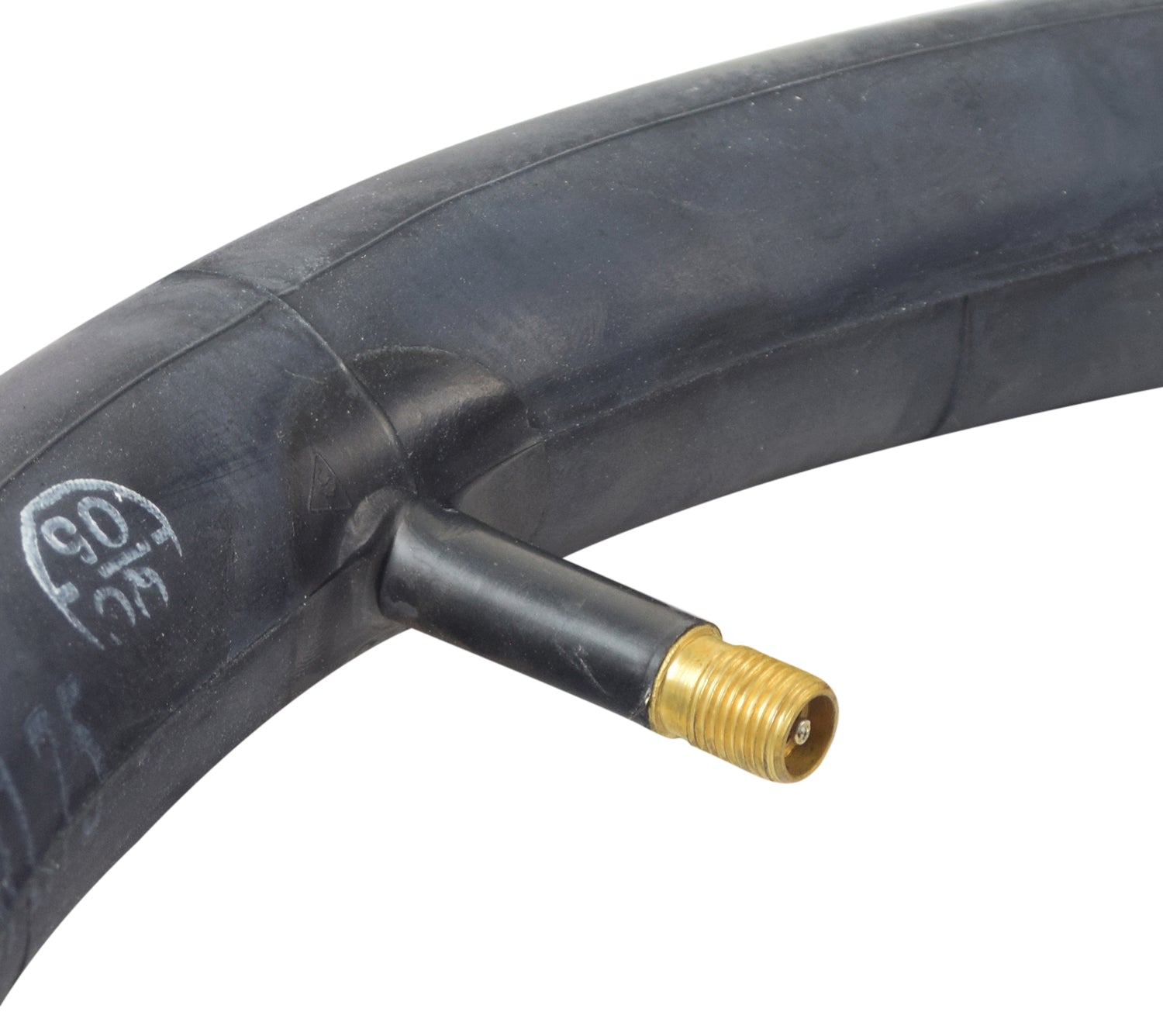 14 (14x1.75/1.95) Razor Mini Chopper Inner Tube featuring a black rubber tube with a gold metal connector, specifically designed for the front wheel.