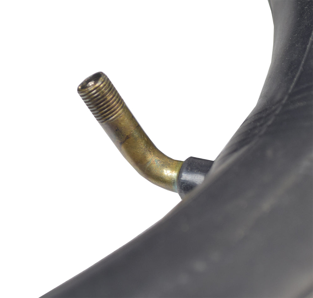 Close-up of a 3.00-10 scooter and power chair tube with an angled valve stem, highlighting the tire's texture and the metal valve stem.