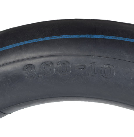 3.00-10 Scooter and Power Chair Tube with Angled Valve Stem, featuring a black tire with a distinct blue line, showcasing detailed tread and an angled valve stem for easy inflation.