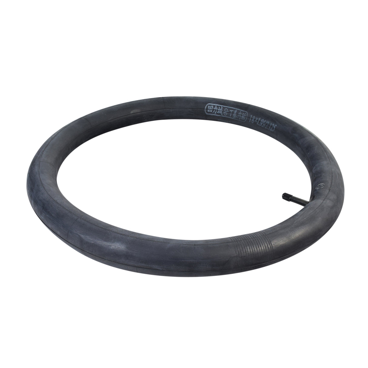 18x2.10/2.125 Inner Tube with a straight Schrader valve, shown in close-up.