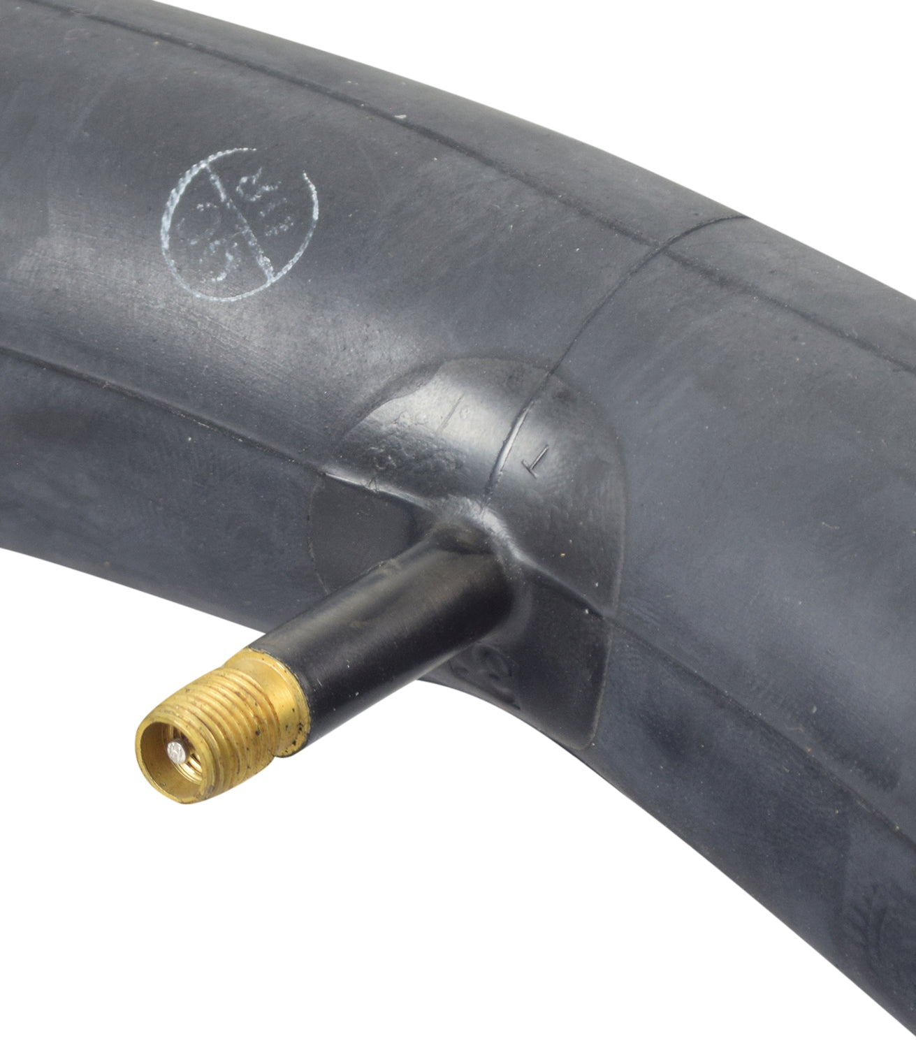 18x2.10/2.125 Inner Tube featuring a black rubber tube with a gold metal connector and a straight Schrader valve for easy inflation away from the hub.