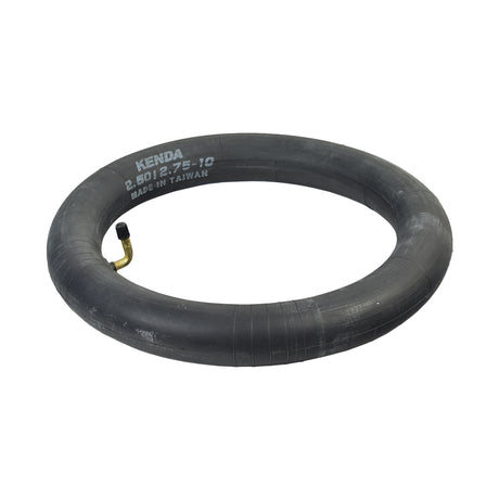 2.50/2.75-10 Inner Tube with an Angled Schrader Valve, featuring a black rubber tube and a metal hook, ideal for various dirt bike models.