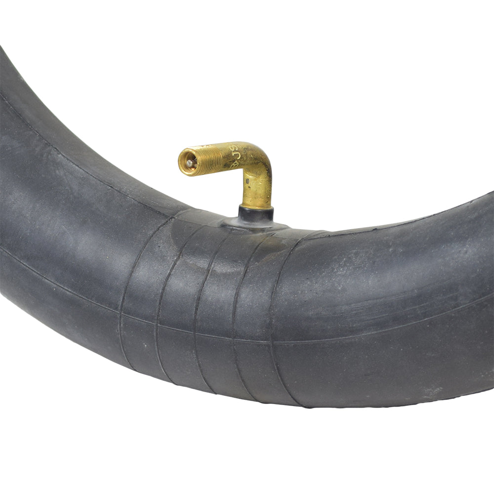 2.50/2.75-10 Inner Tube with an Angled Schrader Valve, featuring a durable black rubber tube and a brass valve stem, ideal for various dirt bike models.