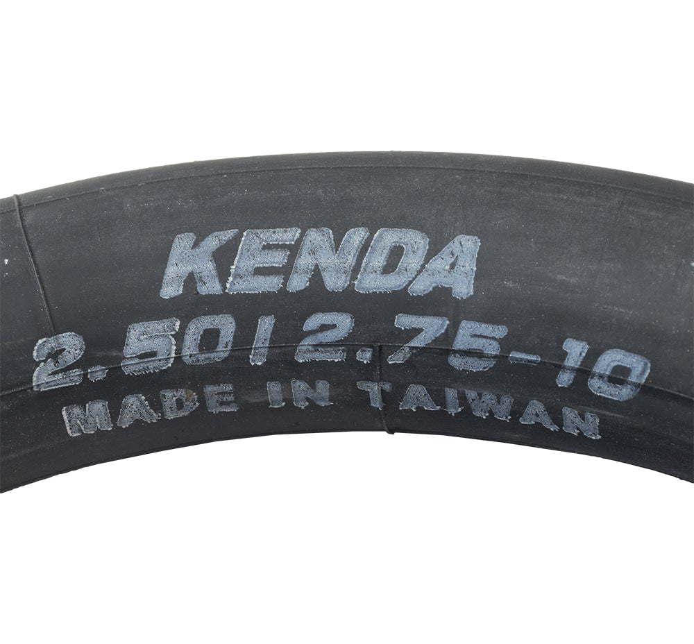 2.50/2.75-10 Inner Tube with an Angled Schrader Valve; a black rubber tire with white text, designed for easy air-fill, popular with many dirt bike models.