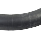 2.50/2.75-10 Inner Tube with an Angled Schrader Valve, made of black rubber, shown in a curved shape. Ideal for dirt bikes from brands like Coolster and Mototec.