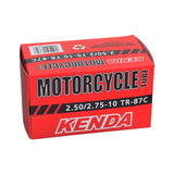 2.50/2.75-10 Inner Tube with an Angled Schrader Valve, displayed in a red box with black and white text, showcasing the Kenda brand's reputation for high-quality dirt bike inner tubes.