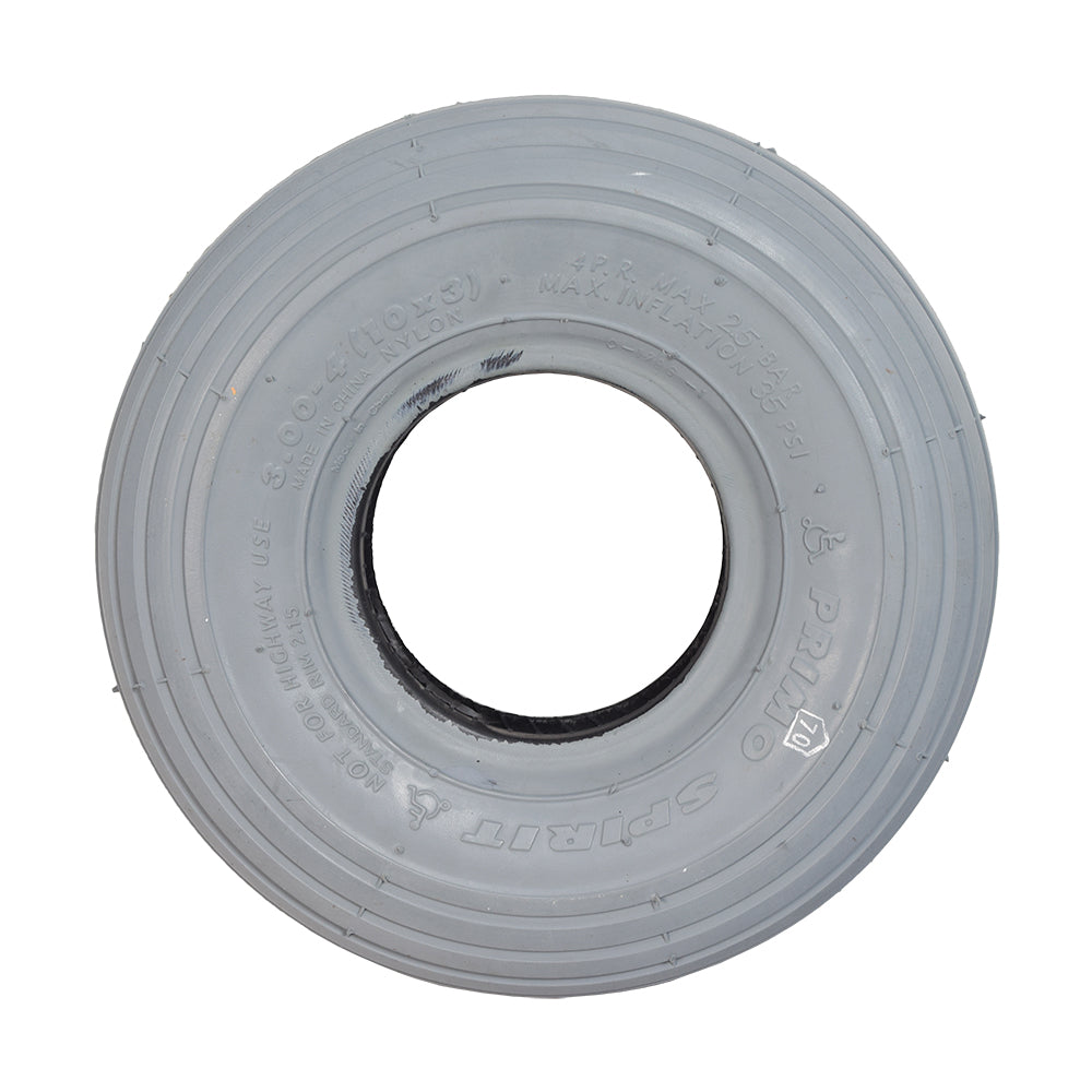 3.00-4 (10x3) Mobility Tire and Inner Tube Set with Ribbed Tread, featuring a close-up of the gray tire with a hole in the middle and logo details.