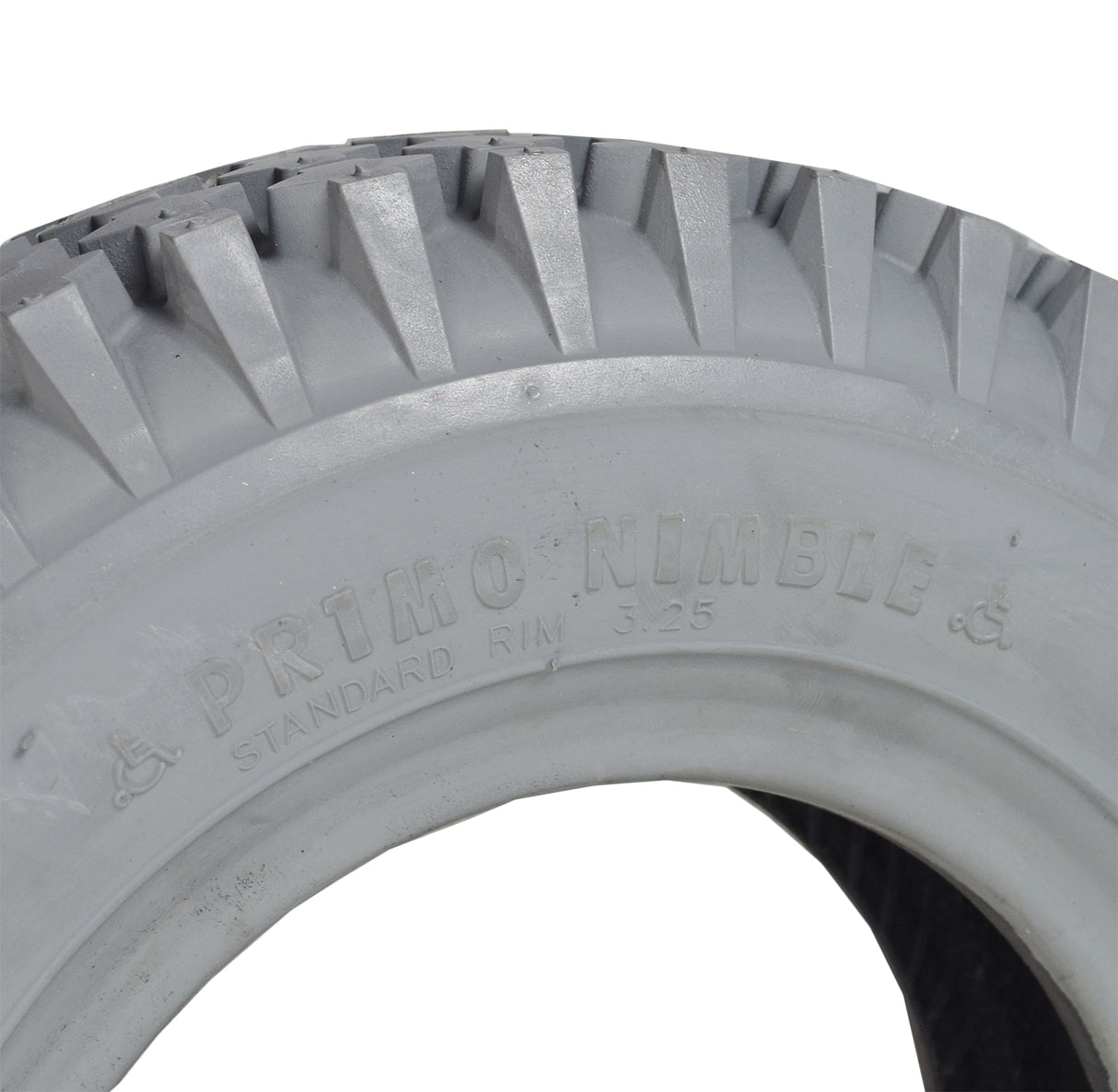 Close-up of the 4.10/3.50-6 Pneumatic Mobility Tire with C156G Nimble Knobby Tread, showing the detailed tire pattern suitable for mobility scooters and power chairs.