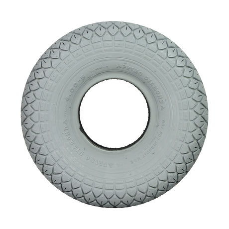 4.00-5 (13x4, 330x100) Pneumatic Mobility Tire with C154G Diamond Knobby Tread, showcasing a close-up of the detailed tread pattern and circular hole, suitable for various mobility scooters and power chairs.