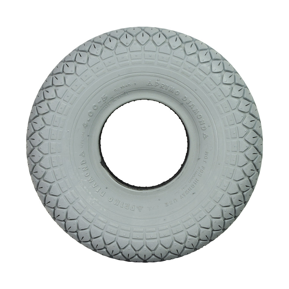 4.00-5 (13x4, 330x100) Mobility Tire and Inner Tube Set with Diamond Knobby Tread, featuring a close-up of the non-marking gray rubber tire with a circular hole and diamond tread pattern.