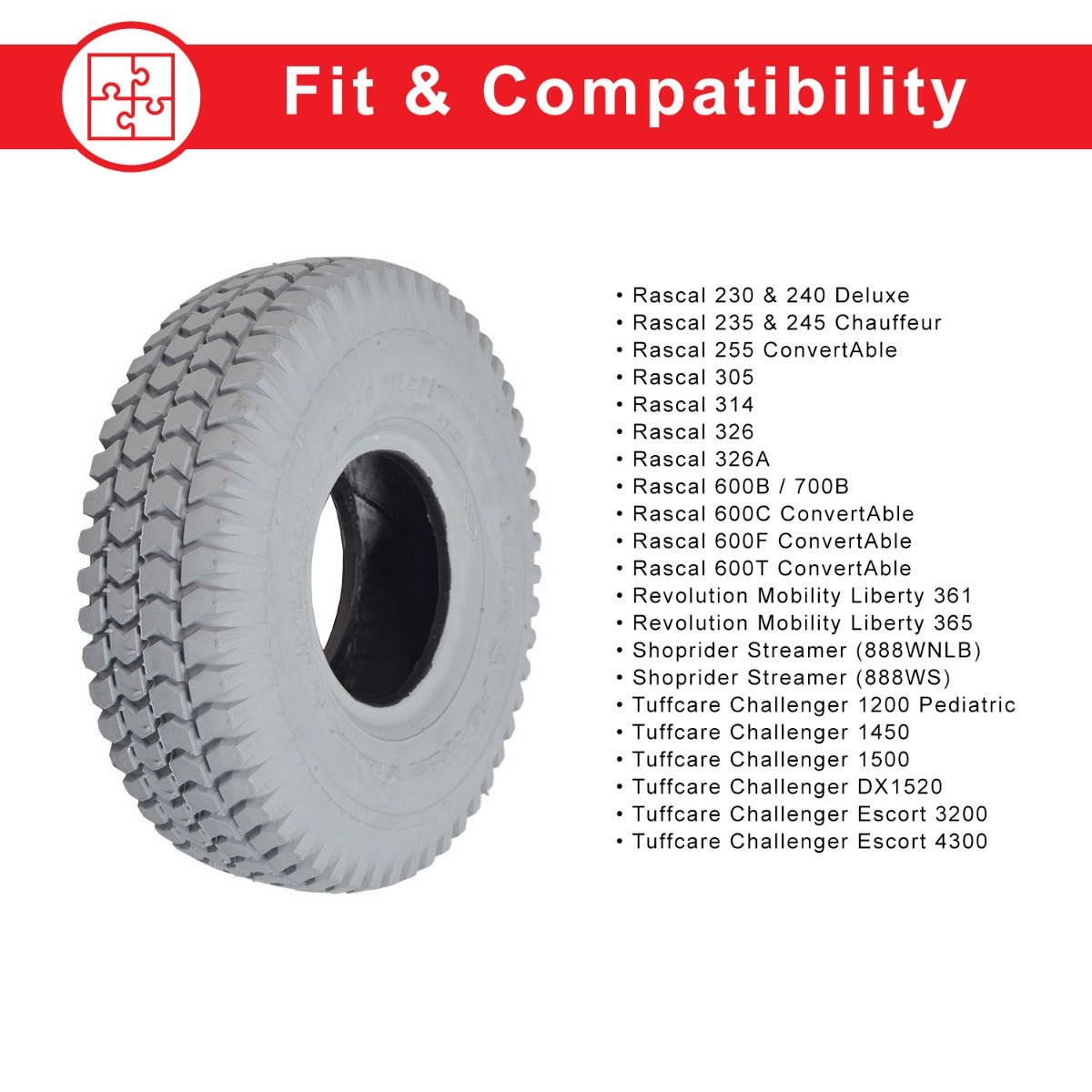 10x3 (3.00-4, 260x85) Pneumatic Mobility Tire with C248 Powertrax Tread, featuring a smooth, non-marking gray surface and designed for use on mobility scooters and power chairs.