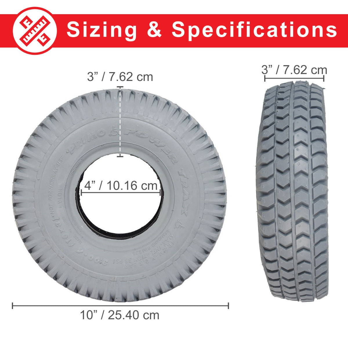 10x3 (3.00-4, 260x85) Pneumatic Mobility Tire with C248 Powertrax Tread, shown in a size comparison with measurements, featuring a close-up of the tread pattern for traction.