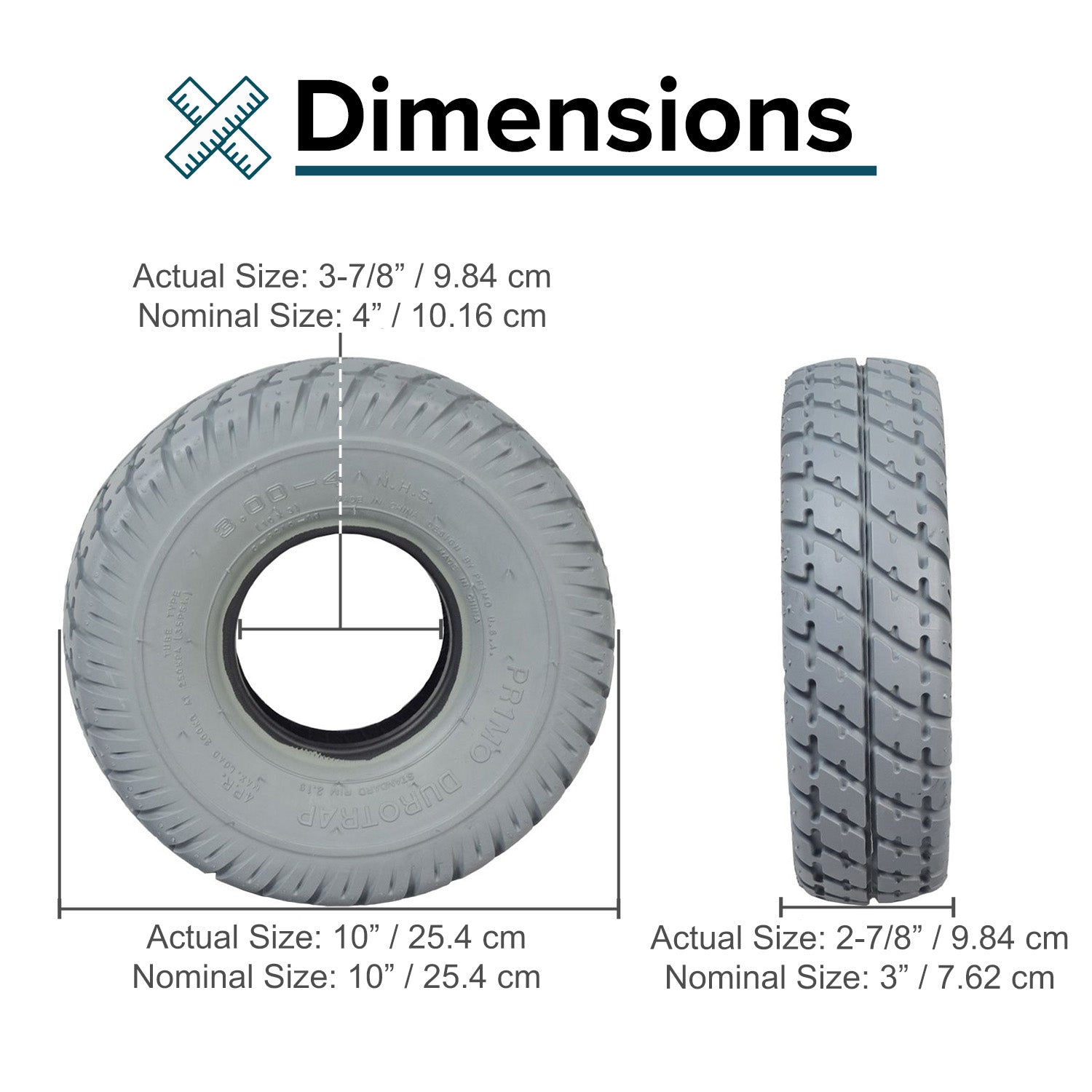 10x3 (3.00-4, 260x85) Gray Pneumatic Mobility Tire with C9210 Durotrap Tread, close-up view, showing the smooth, in-cut tread pattern designed for efficient rolling on hard surfaces.