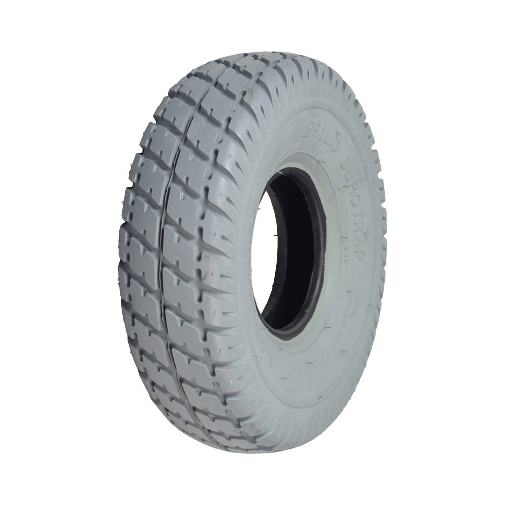 Close-up of the 10x3 (3.00-4, 260x85) Gray Pneumatic Mobility Tire with C9210 Durotrap Tread, showcasing its smooth profile and in-cut tread pattern for efficient rolling on hard surfaces.