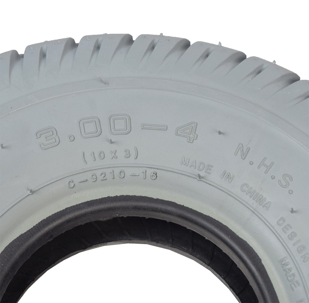 Close-up of a 10x3 (3.00-4, 260x85) Gray Pneumatic Mobility Tire with C9210 Durotrap Tread, showcasing the smooth profile and in-cut tread pattern.