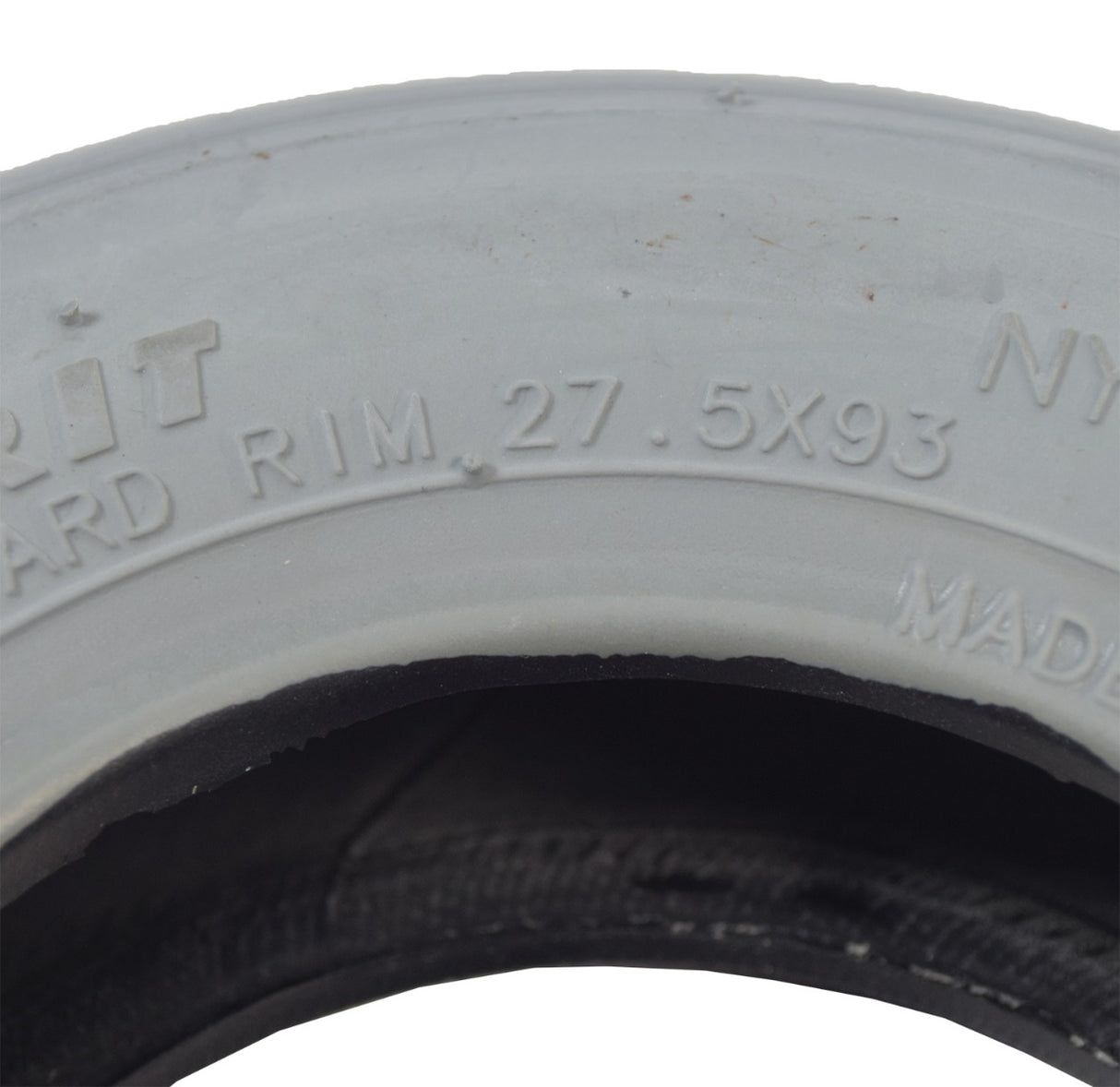 Close-up of an 8x2 (200x50) Mobility Tire and Tube Set with Ribbed Tread, showing detailed tread pattern ideal for both outdoor hard surfaces and indoor use. Includes a 45-degree angled valve stem.