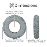 8x2 (200x50) Pneumatic Mobility Tire with C968 Diamond Tread shown in size comparison, close-up of tread, and circular rim. Ideal for mobility scooters and robotics, with optional inner tube.