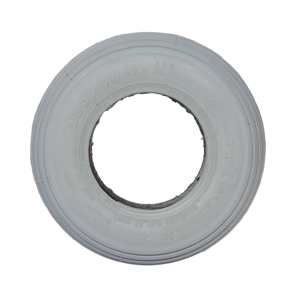 8x2 (200x50) Foam-Filled Mobility Tire with C179G Spirit Ribbed Tread, showcasing a white circular tire with a central hole, designed for mobility scooters, ensuring durability and a flat-free experience.