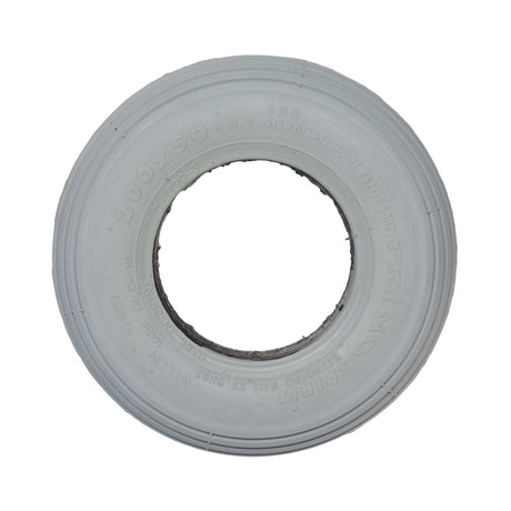 8x2 (200x50) Foam-Filled Mobility Tire with C179G Spirit Ribbed Tread, showcasing a white circular tire with a central hole, designed for mobility scooters, ensuring durability and a flat-free experience.