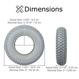 8x2 (200x50) Foam-Filled Mobility Tire with C968G Rebel Knobby Tread, featuring a durable, flat-free design. Includes a detailed size comparison and close-up views of the tire's structure and tread pattern.