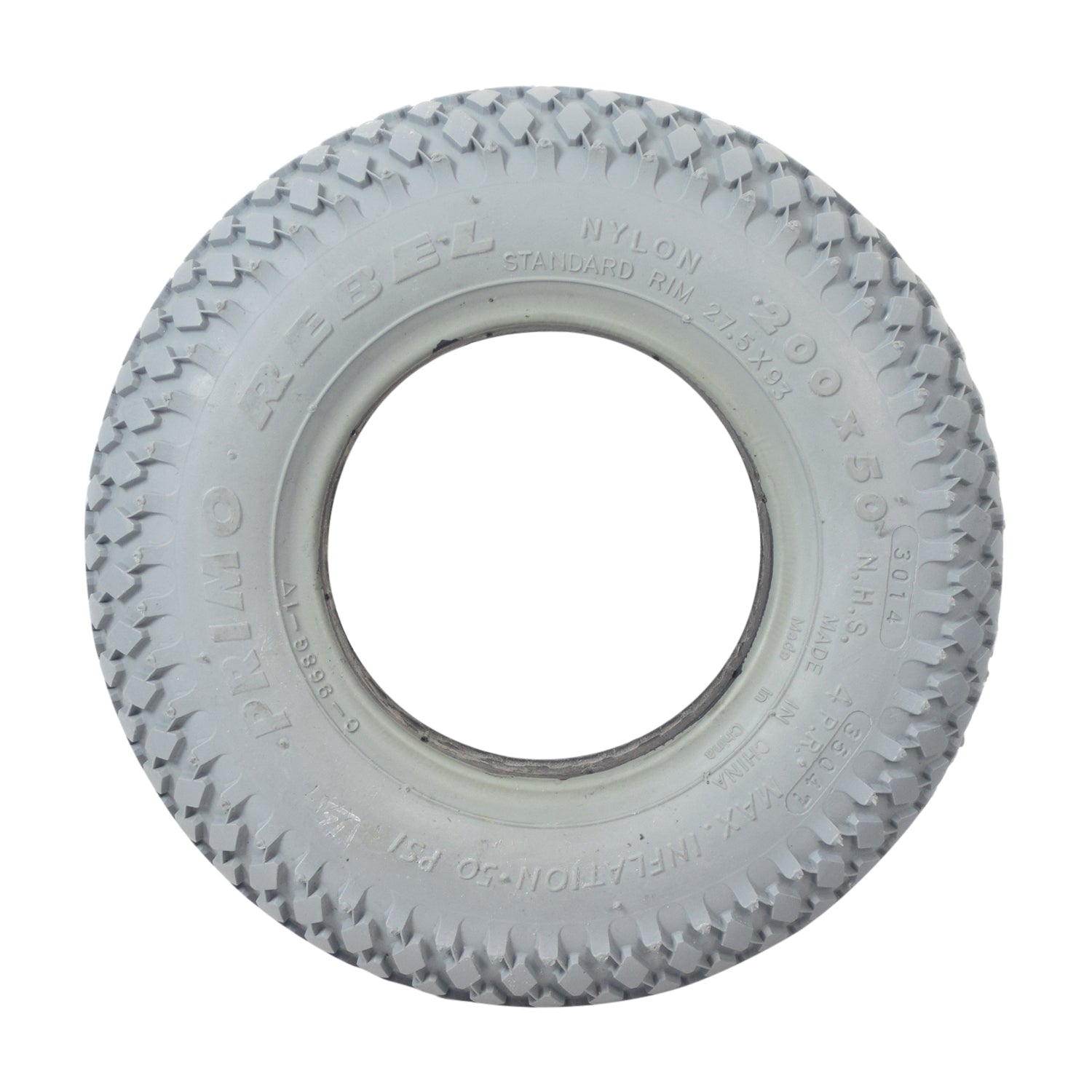 8x2 (200x50) Foam-Filled Mobility Tire with C968G Rebel Knobby Tread, featuring a circular rim in the center, designed to replace flat-free or pneumatic tires for enhanced durability and flat-free use.