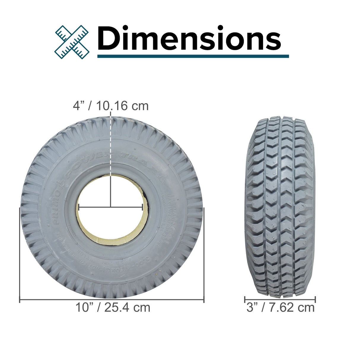 Close-up of a 3.00-4 (10x3, 260X85) foam-filled mobility tire with C248 Powertrax tread, showcasing its knobby pattern and solid, flat-free design for mobility scooters and power chairs.