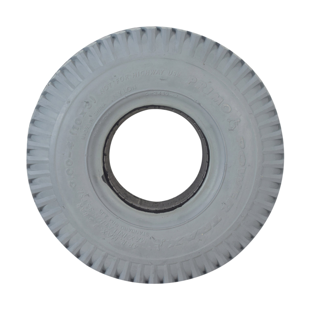 3.00-4 (10x3, 260x85) Foam-Filled Gray Tire for the ActiveCare Pilot (2310/2410) Scooters & ActiveCare Power Chairs, featuring a white wheel with a central hole.