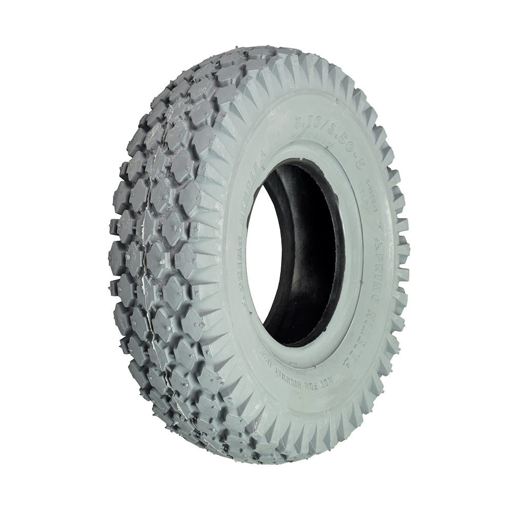 Close-up of the 4.10x3.50-5 Mobility Tire and Tube Set with Nimble Knobby Tread, showcasing the detailed tread pattern and durable construction ideal for mobility devices.