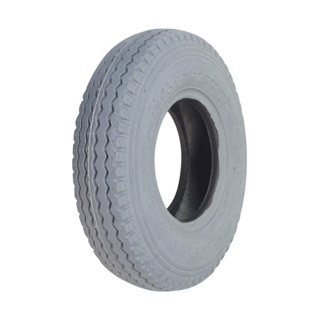 2.80/2.50-4 (9x3) Pneumatic Mobility Tire with C178G Power Edge Sawtooth Tread featuring a close-up of the non-marking gray rubber tire, highlighting its detailed tread pattern and central hole.