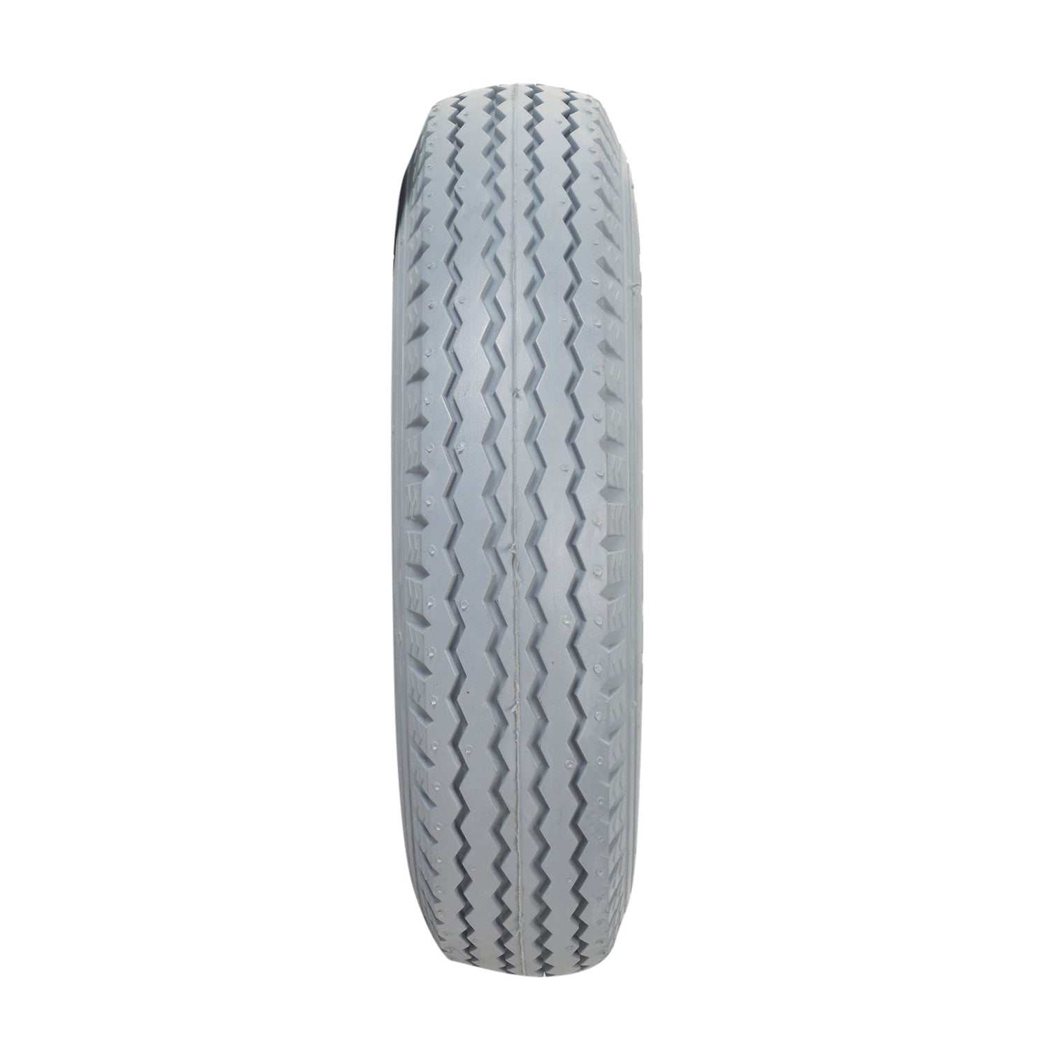 Close-up of the 2.80/2.50-4 (9x3) Pneumatic Mobility Tire with C178G Power Edge Sawtooth Tread, showcasing the detailed non-marking gray rubber surface and sawtooth tread pattern, ideal for smooth indoor/outdoor use.