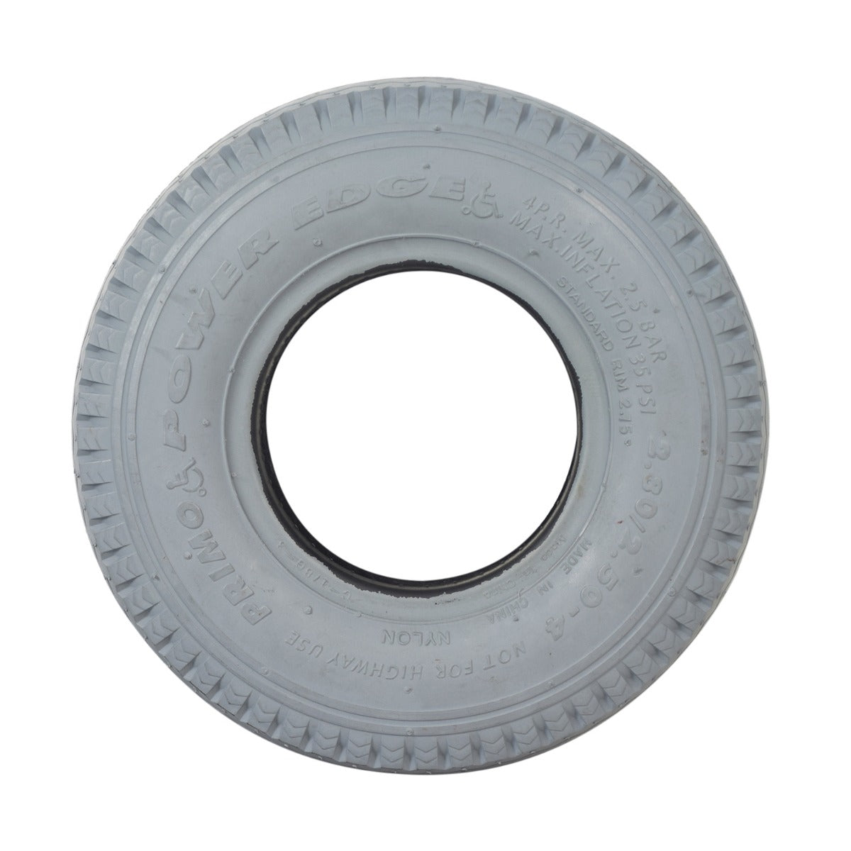 2.80/2.50-4 (9x3) Mobility Tire and Inner Tube Set with Power Edge Sawtooth Tread, featuring a white tire with a black circular hole, suitable for mobility scooters and utility carts.